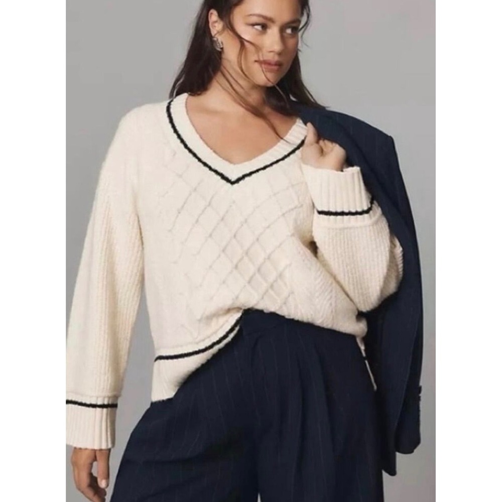 Maeve Anthropologie Ivory Cable Knit V-Neck Striped Sweater XS